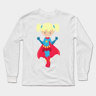 Superhero Girl, Cute Girl, Blonde Hair, Red Cape Long Sleeve T-Shirt